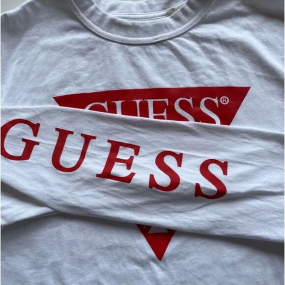 GUESS USA 90s Long Sleeve White Tee Red Triangle Question Mark Logo Graphic Sz S - Picture 5 of 9